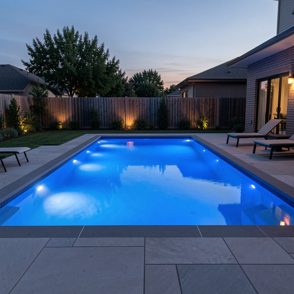 Pool with LED lights at dusk